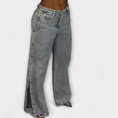 Nola - High-Waisted Jeans with Rhinestone Decorations and Side Buttons