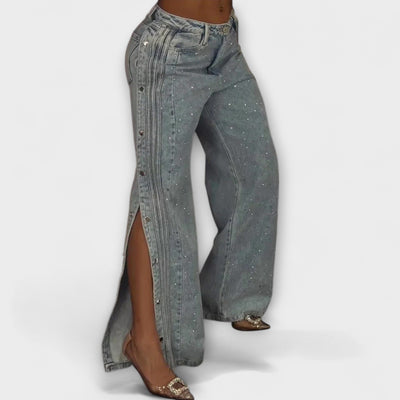 Nola - High-Waisted Jeans with Rhinestone Decorations and Side Buttons