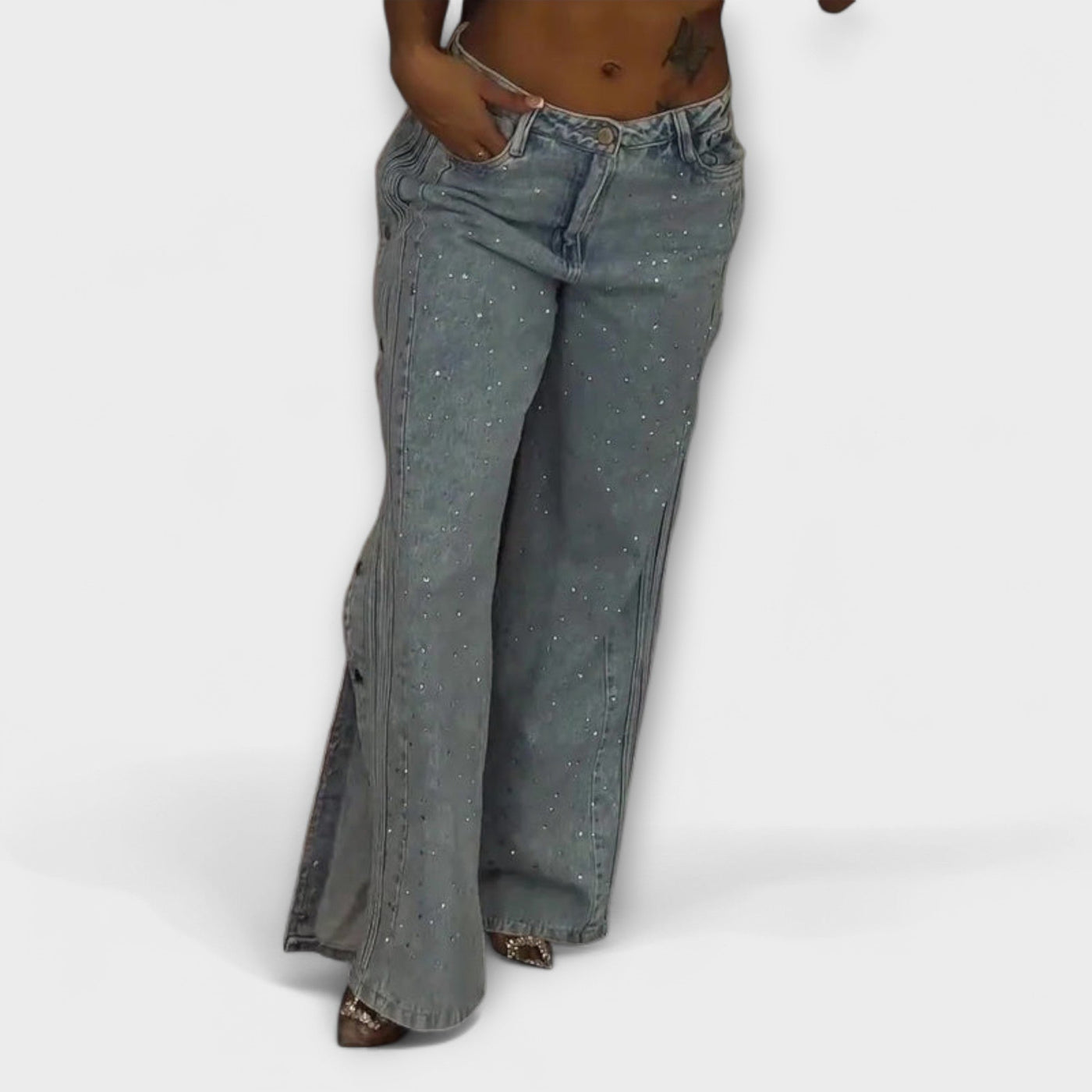 Nola - High-Waisted Jeans with Rhinestone Decorations and Side Buttons