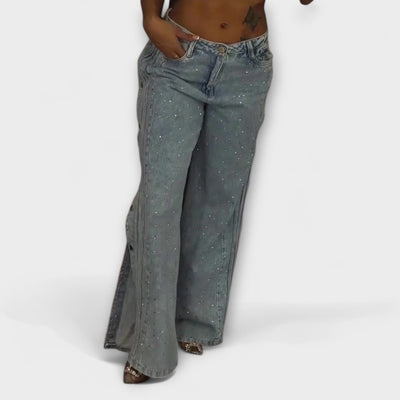 Nola - High-Waisted Jeans with Rhinestone Decorations and Side Buttons